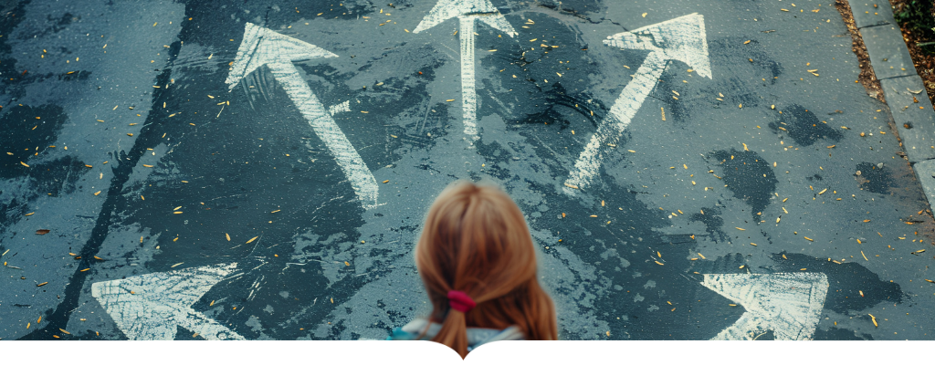 Teen facing a road with arrows pointing in all directions